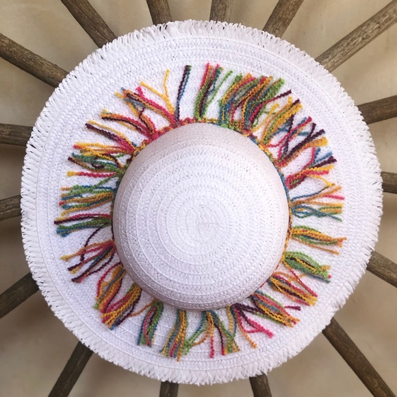 Summer Hats Accessories - FLOPPY SUMMER White Straw HAT Colorful Boho Fringe NEW!